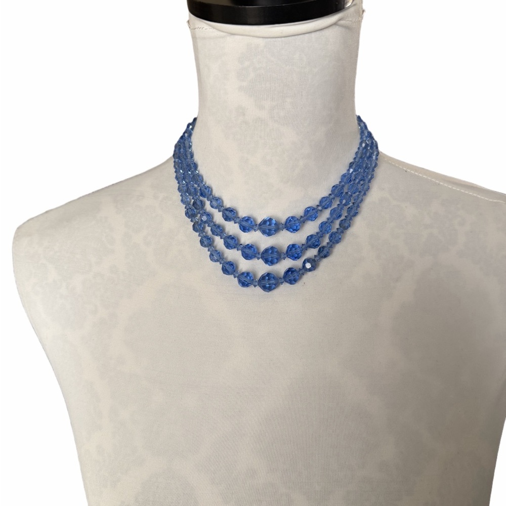 Vintage Blue Crystal Beaded Necklace | Multi Strand Faceted Glass Statement - Picture 5 of 5